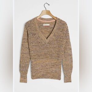 EUC Anthropologie Marika Vneck sweater chunky knit wool‎ blend winter classy Sm